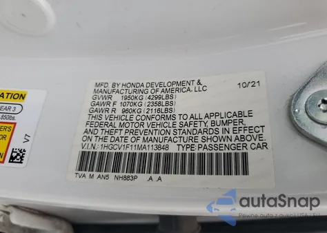 2021 Honda Accord Lx from USA, damaged, VIN 1HGCV1F11MA113848